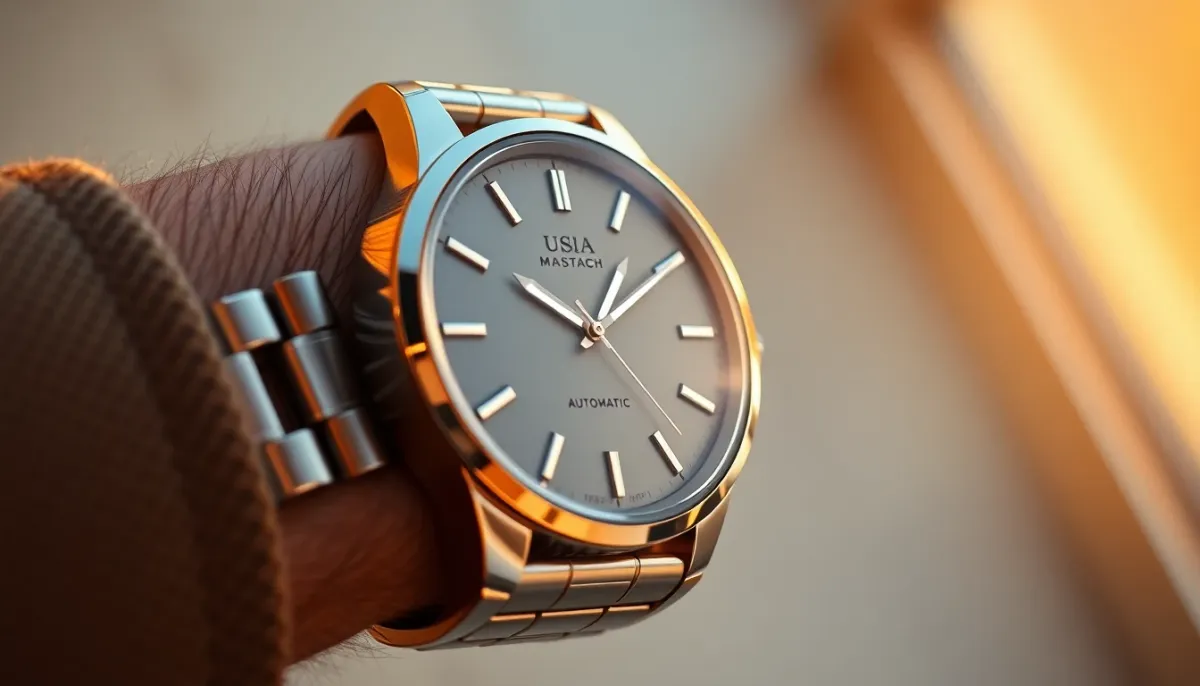 Montre automatique moyenne gamme portée au poignet, mettant en évidence la qualité du cadran et du boîtier