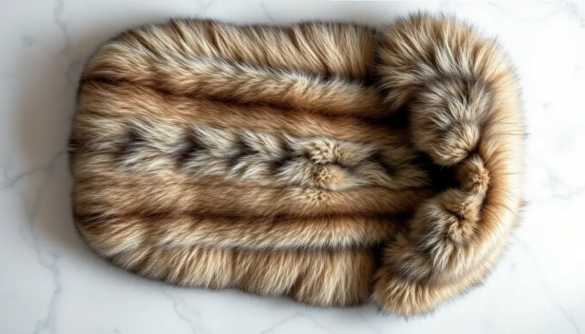 Vue de dessus d'un manteau de vison étendu sur une surface en marbre blanc, mettant en évidence la texture et la qualité de la fourrure