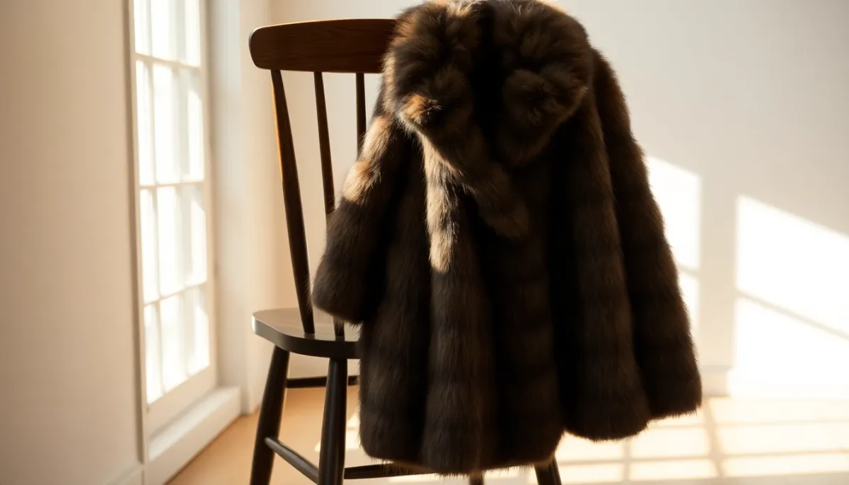 Manteau de vison vintage drapé sur une chaise en bois dans un intérieur minimaliste, éclairage naturel par fenêtre