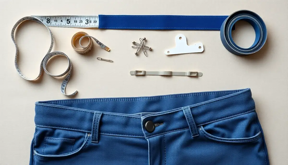 Vue de dessus des différentes solutions pour maintenir un pantalon : épingles, bandes de silicone, élastique et accessoires