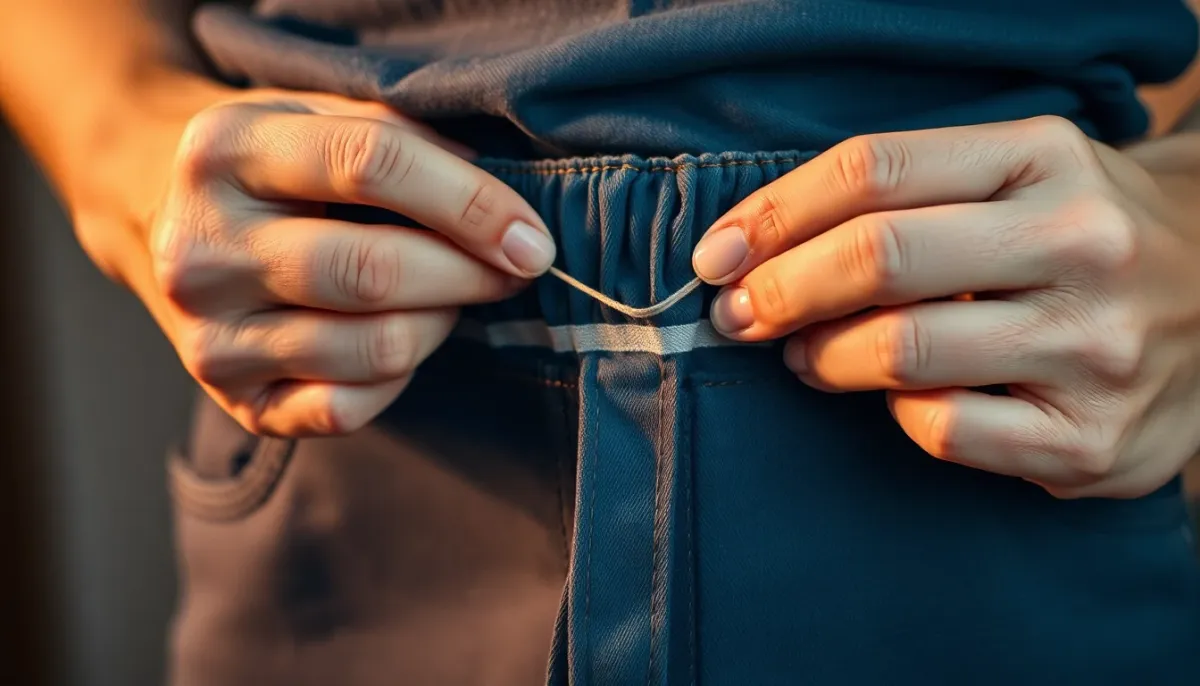 Gros plan sur la couture manuelle d'un élastique invisible à l'intérieur de la ceinture d'un pantalon