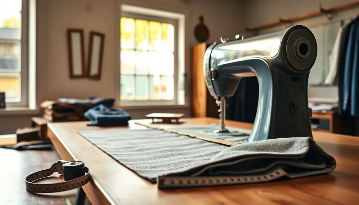 Atelier de retouche professionnelle avec pantalon en cours d'ajustement, outils de couture et mesures de précision