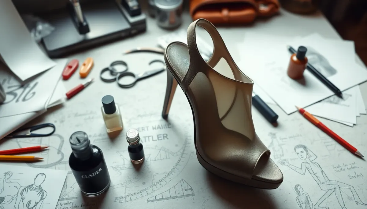 Gros plan d'un atelier de designer avec prototype de chaussure et vernis à ongles rouge