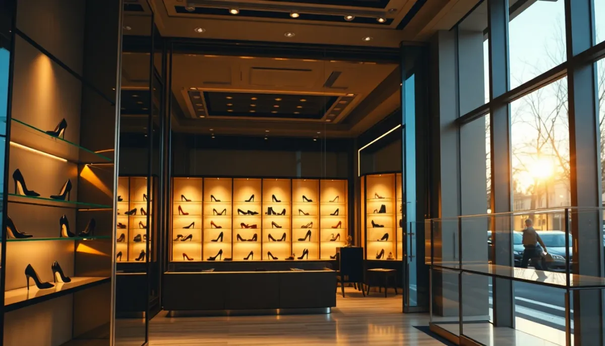 Intérieur d'une boutique de luxe avec chaussures à talons exposées sur des étagères élégantes