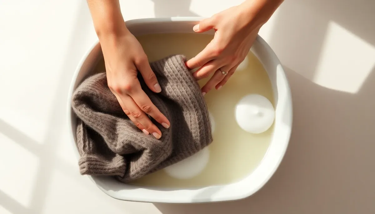 Vue de dessus du trempage du pull dans la bassine d'eau tiède et après-shampoing