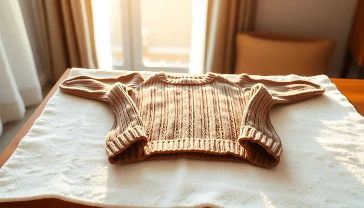Pull en cours de séchage à plat avec étirement régulier des fibres