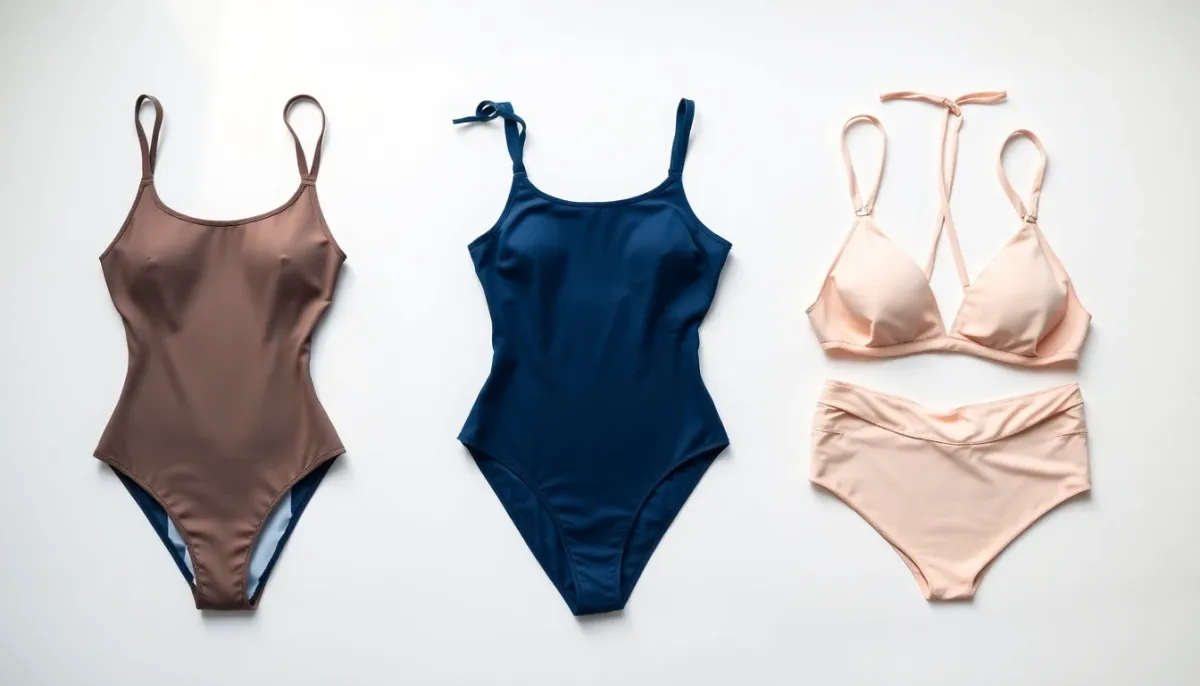 Trois formes de maillots de bain disposés côte à côte : une-pièce, tankini et bikini taille haute