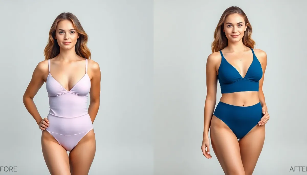 Comparaison visuelle entre un maillot mal adapté et un maillot correctement structurant pour poitrine tombante