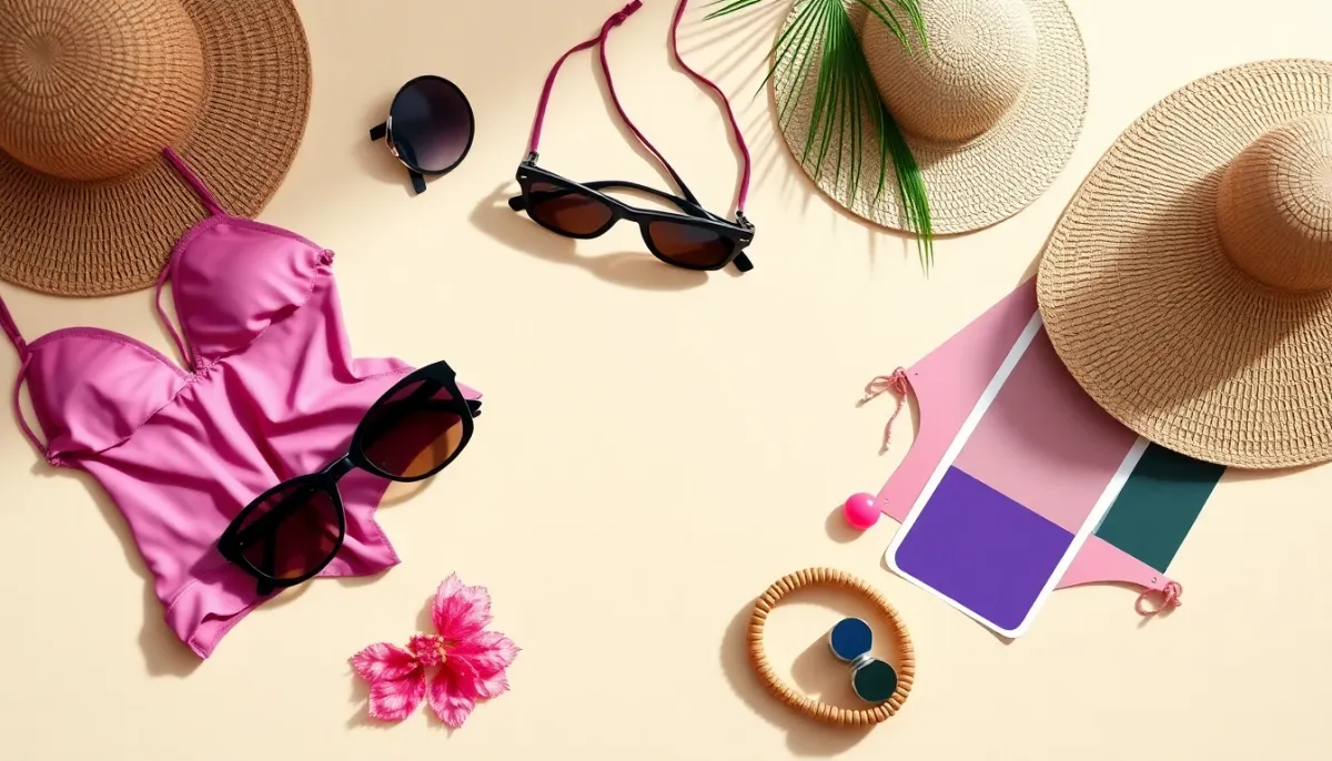 Composition de maillots de bain colorés et accessoires de plage montrant les options de styles et couleurs pour morphologie en 8