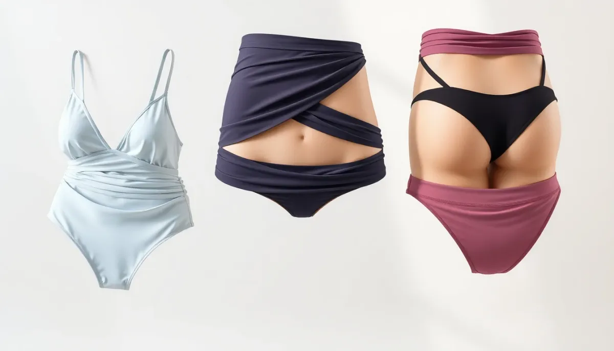 Sélection de bas de maillot avec différentes coupes échancrées et taille basse, vue en angle montrant les proportions