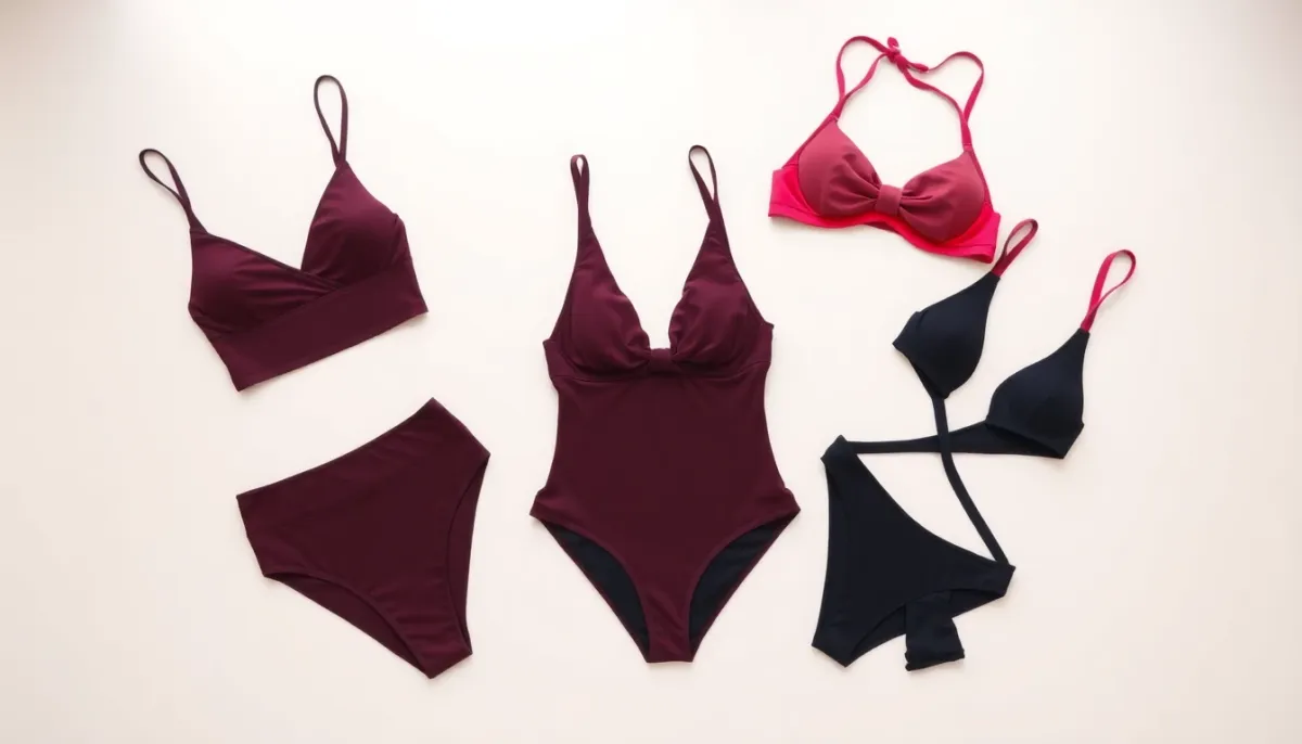 Composition de cinq styles de maillots de bain différents photographiés de dessus avec éclairage naturel