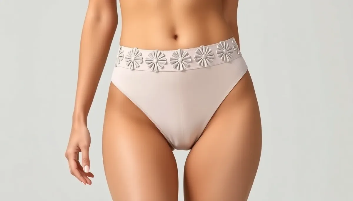 Détail d'une culotte de maillot taille haute avec volants structurant la taille