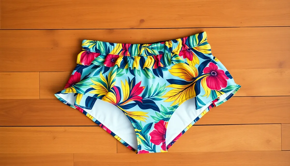 Bas de maillot taille haute avec volants et imprimé vif, vue de dessus