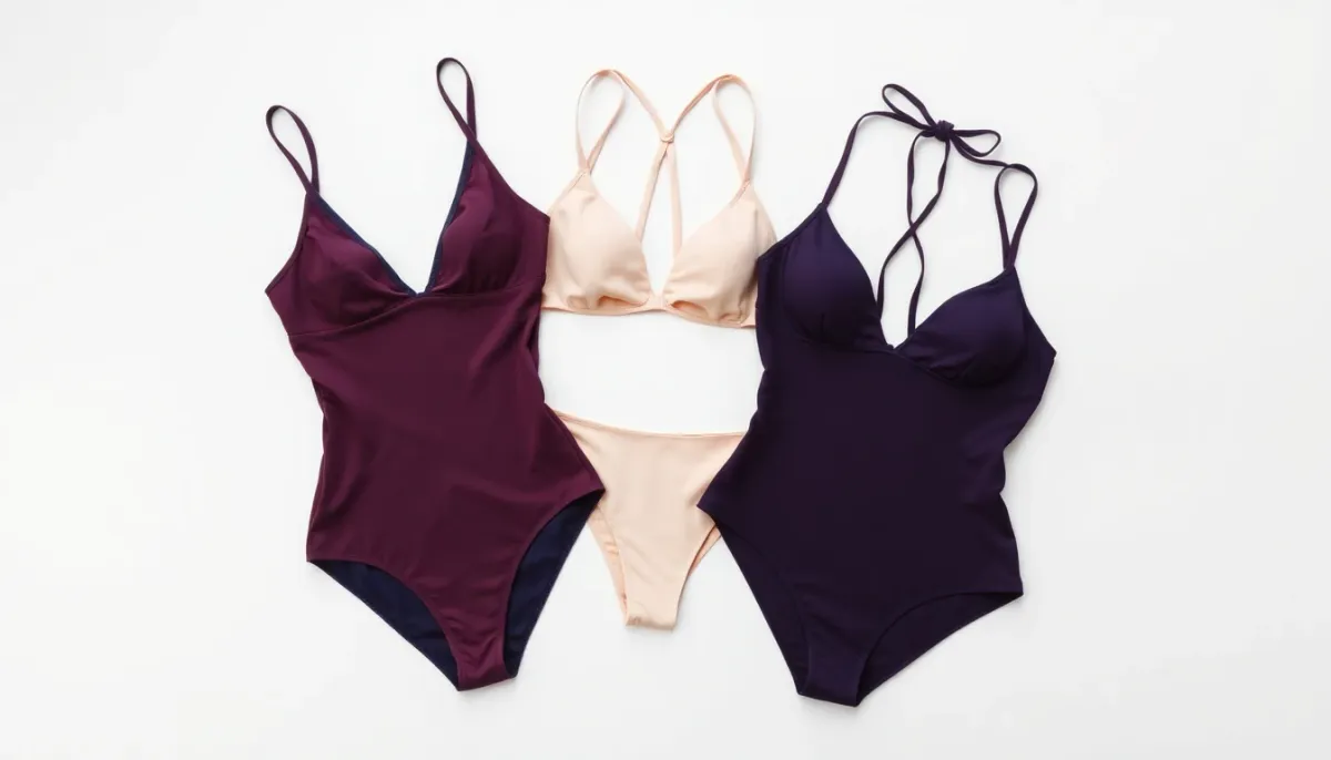 Trois styles de maillots de bain galbants disposés côte à côte : une pièce, deux pièces taille haute et tankini