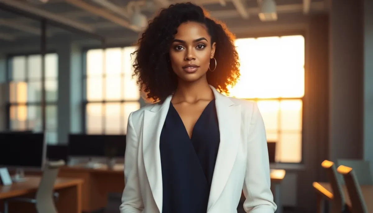 Femme portant une combinaison bleu marine avec blazer blanc pour le bureau