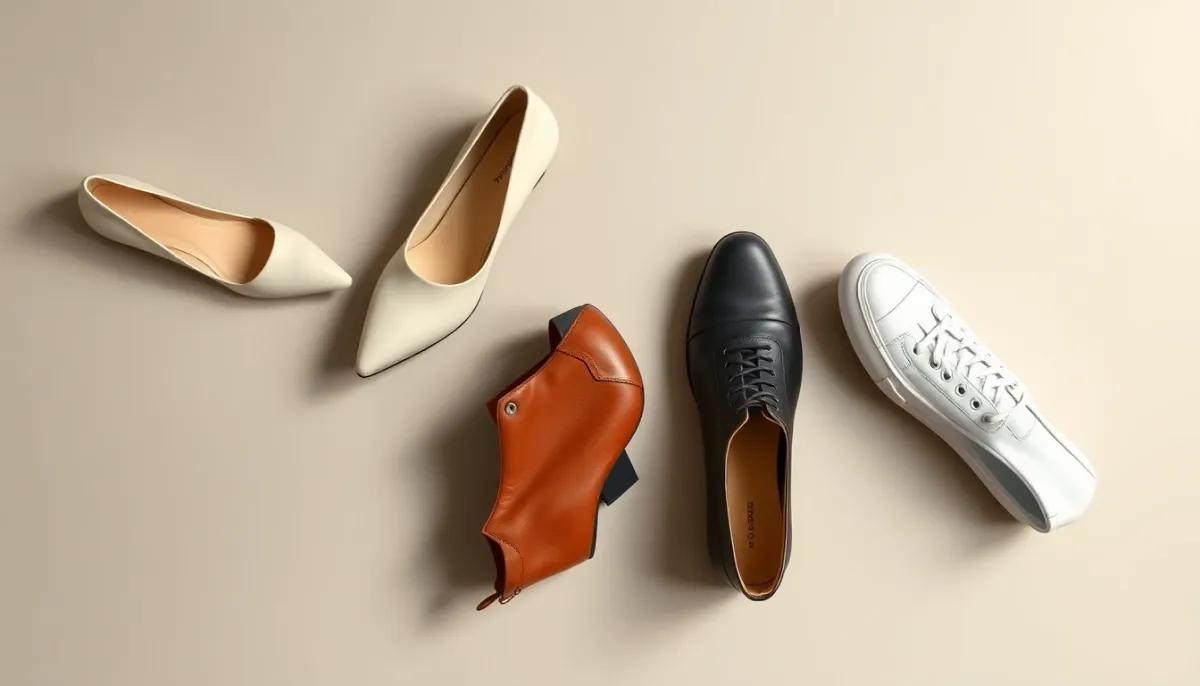 Quatre types de chaussures disposés à plat : escarpins, bottines, ballerines et baskets blanches