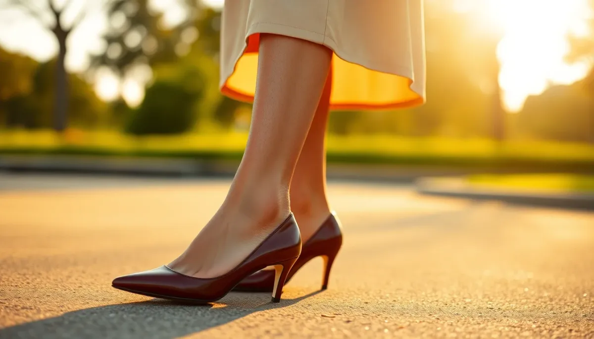 Détail des jambes et pieds d'une femme portant une robe au genou avec des escarpins pointus