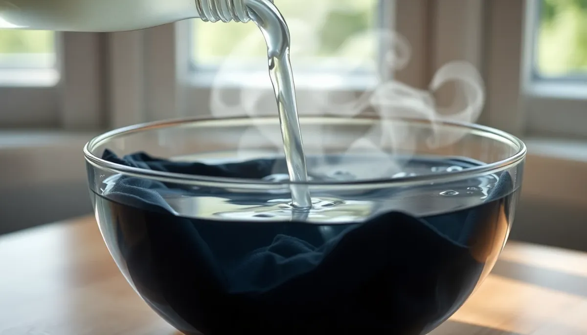 Trempage d'un vêtement noir dans un mélange d'eau et de vinaigre blanc
