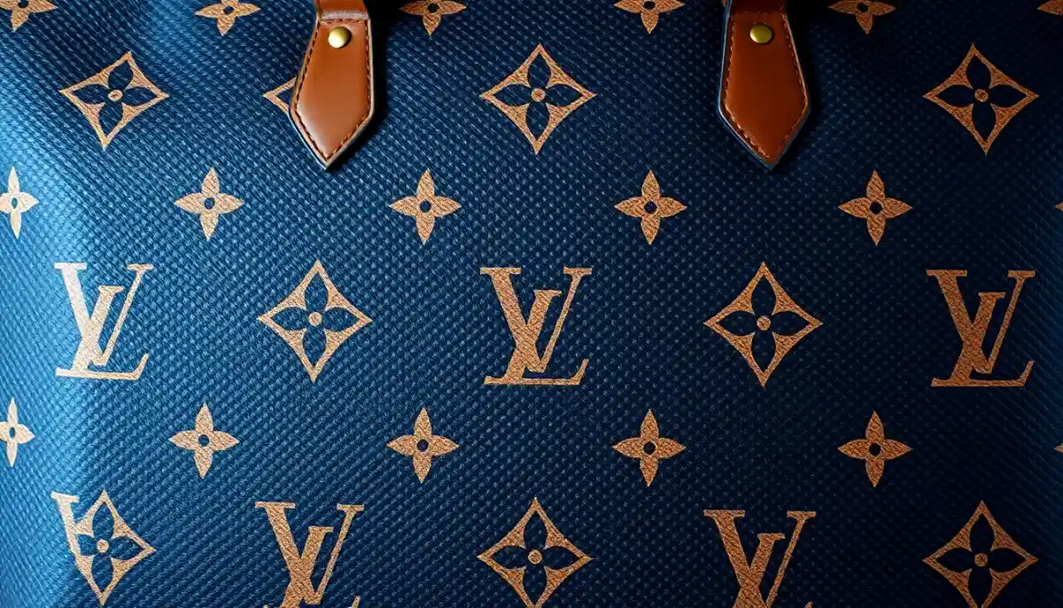 Gros plan du motif monogramme centré d'un sac de luxe montrant l'alignement parfait des lettres LV