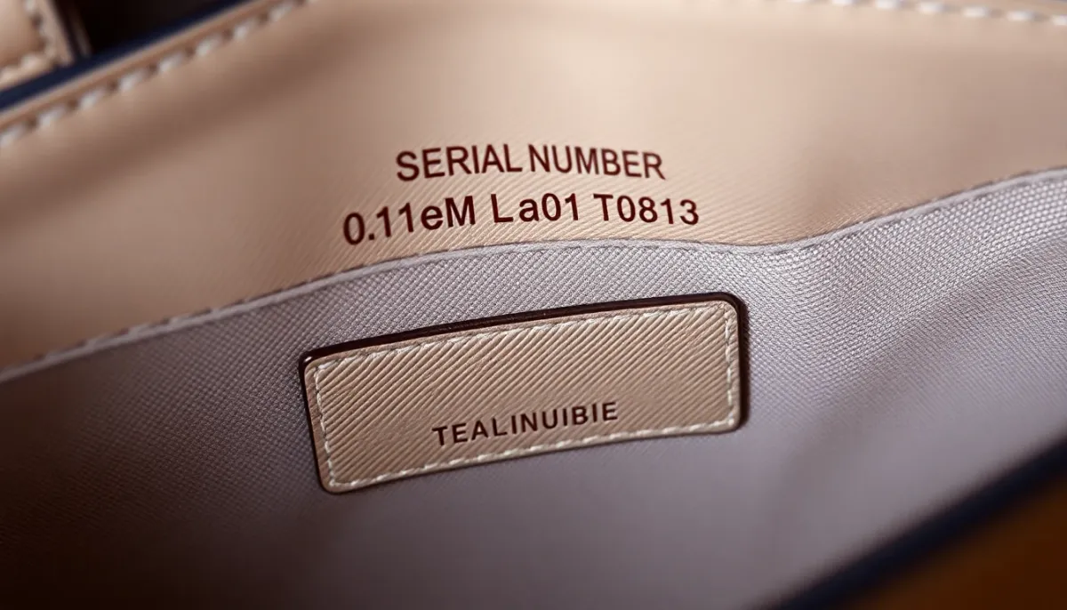 Gros plan de l'étiquette intérieure gravée et du numéro de série d'un sac authentique