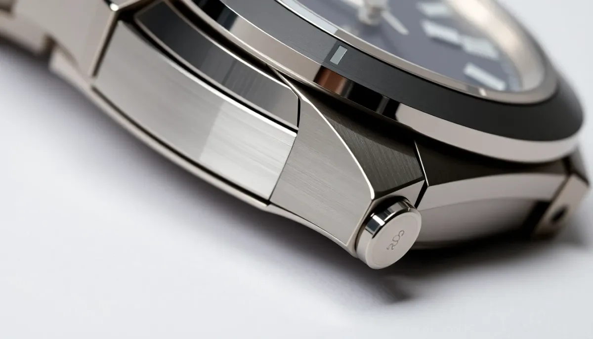 Détail rapproché du boîtier et du bracelet intégré d'une montre automatique, mettant en évidence la finition acier