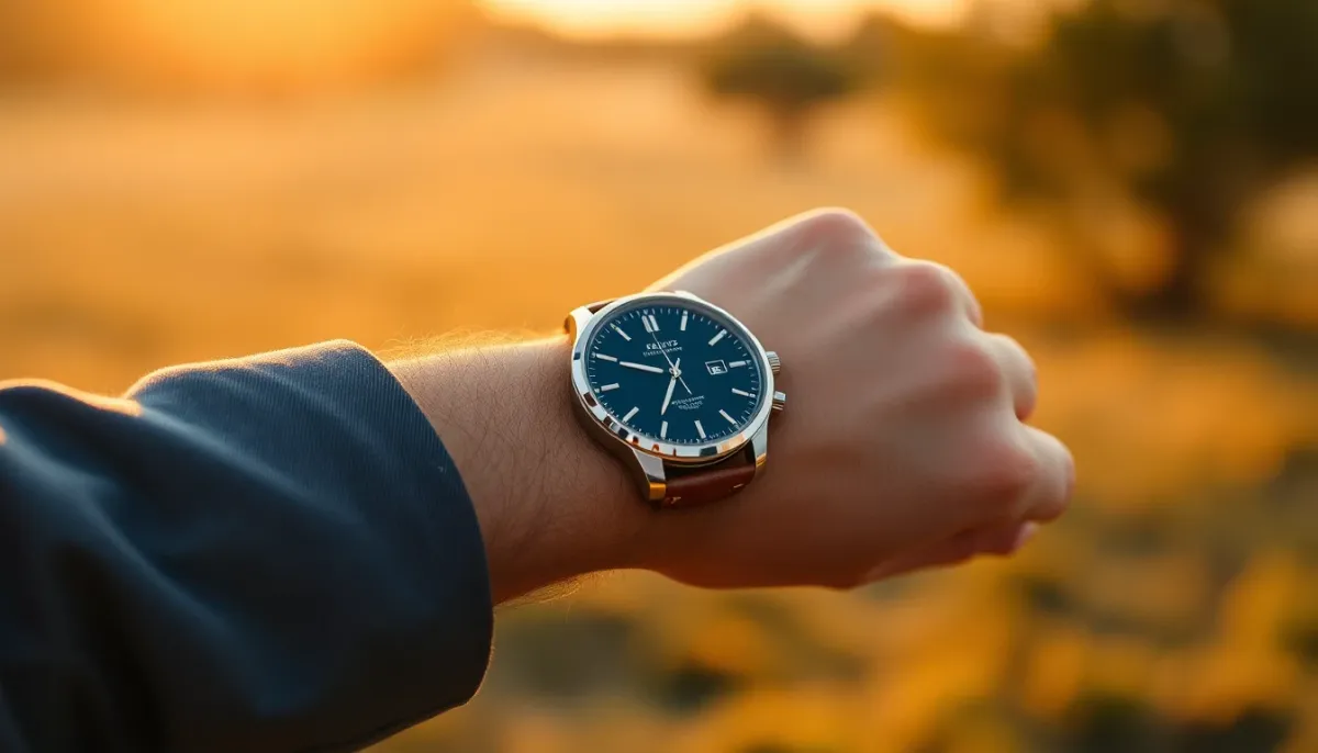 Montre portée au poignet en lumière naturelle, montrant les proportions et l'esthétique au quotidien