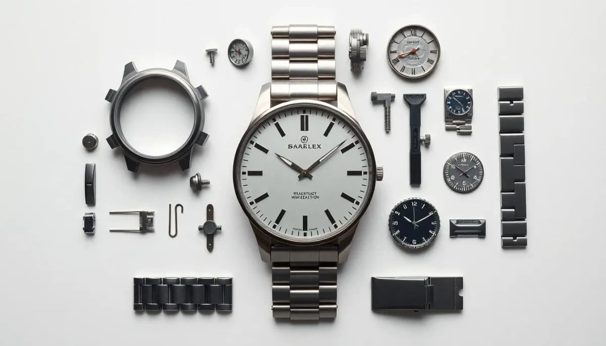 Composants de montre disposés séparément montrant les pièces individuelles du boîtier, mouvement, cadran et bracelet