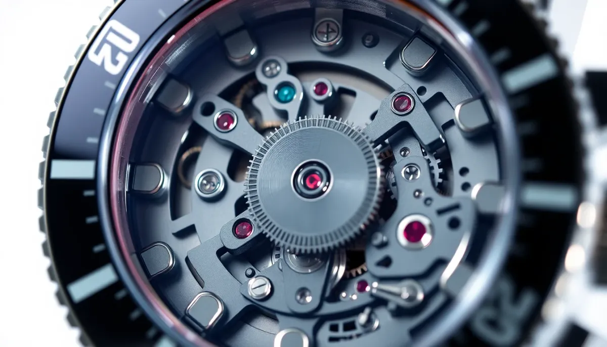 Gros plan détaillé du mouvement automatique 7S26 montrant les rubis et le mécanisme interne de la montre