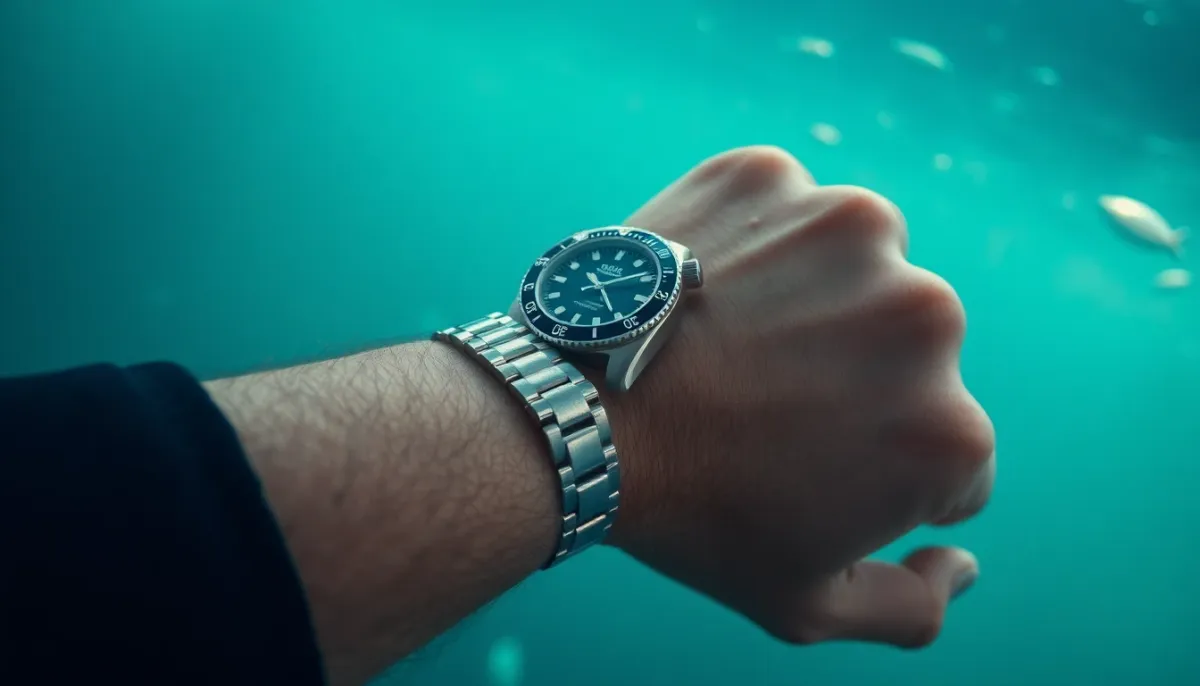 Montre SKX007 portée au poignet en contexte de plongée, montrant le bracelet caoutchouc et l'étanchéité certifiée