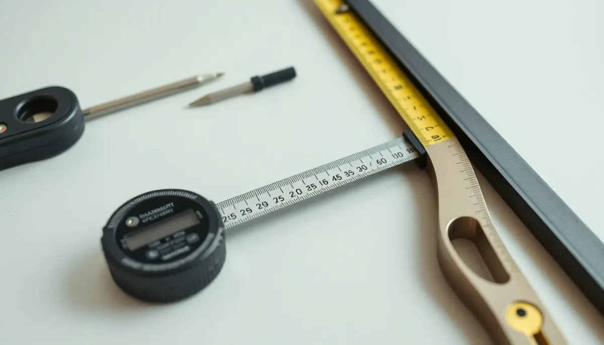 Outils de mesure et mètre ruban sur surface neutre, illustrant la prise de mesures précise pour le soutien-gorge